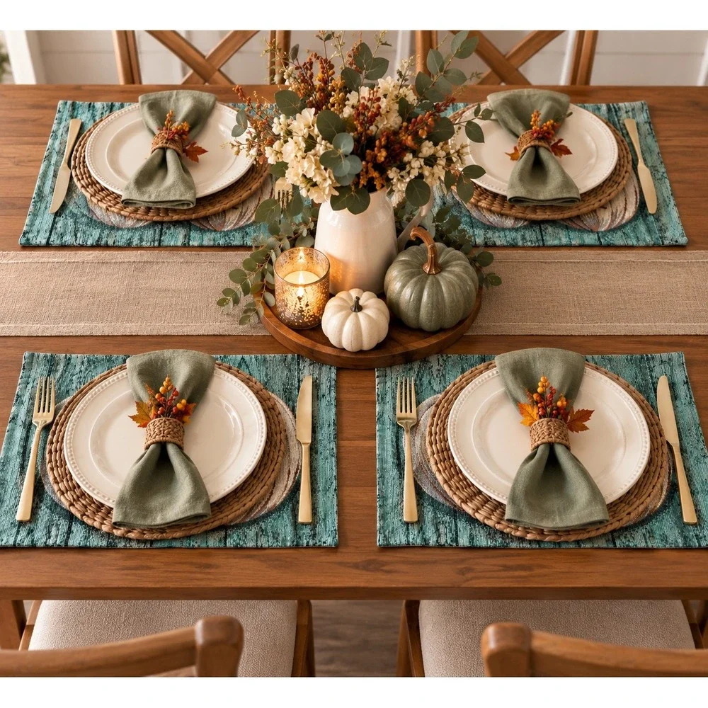 Set of 4 Give Thanks Pumpkin Fall Thanksgiving Fabric Placemats Teal